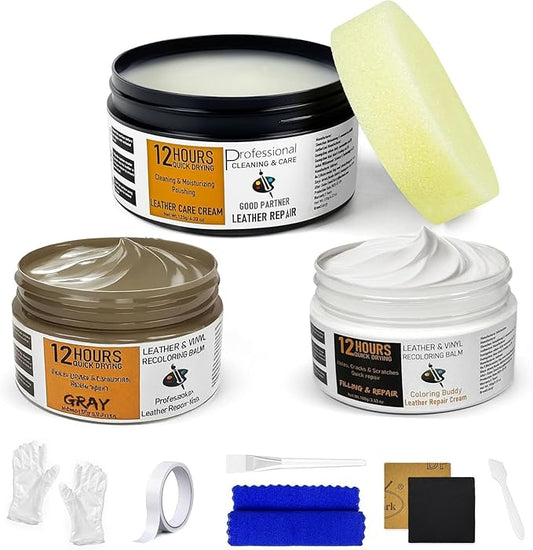 12H Quick-Dry Leather Repair Kit with 3.53Oz Gray Leather Recoloring Balm, Filler & 4.23Oz Care Cream, 3-in-1 Vinyl Repair Set for Sofa, Car Seats, Jackets, Purses, Shoes, Faux Leather and More