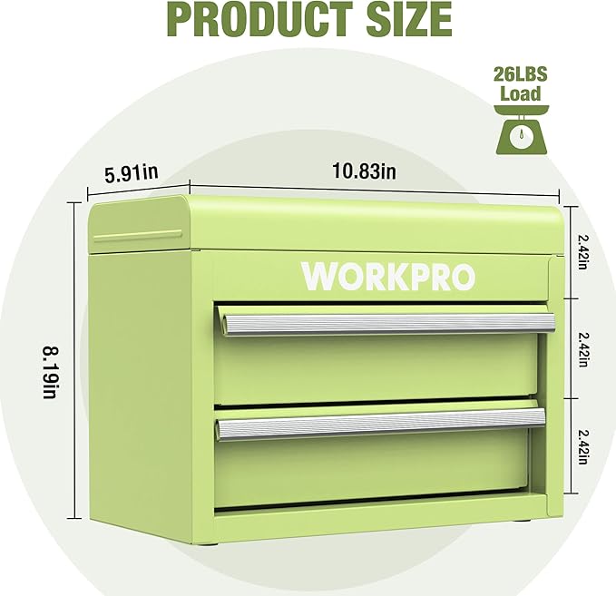 WORKPRO Mini Metal Tool Box with 2 Drawers and Top Storage, Small Tool Chest with PVC Liners and PP Feet Pads, Cold Rolled Steel Toolbox with Magnetic Tab