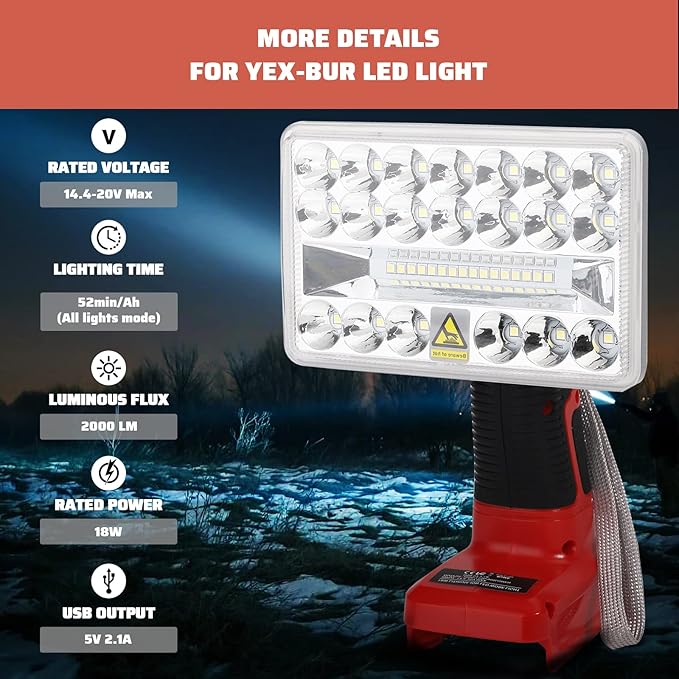 YEX-BUR 18W 2000LM LED Work Light for Craftsman V20 Battery, Portable Spotlight and Floodlights with USB-A Output for Camping Jobsite