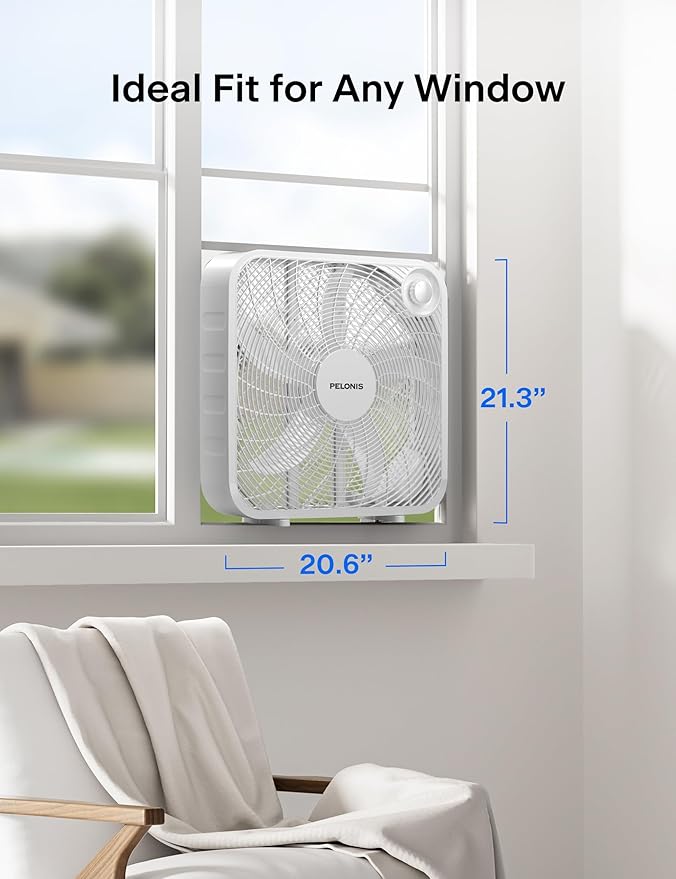 PELONIS 20 Inch Box Fan – 3 Speeds, Window Fans, Floor or Tabletop, 25ft/s, 2025 Upgraded, Superior Air Throw (2295 CFM), Lightweight, 5 Blades, Fans for Bedroom, Office, Living Room, Garage
