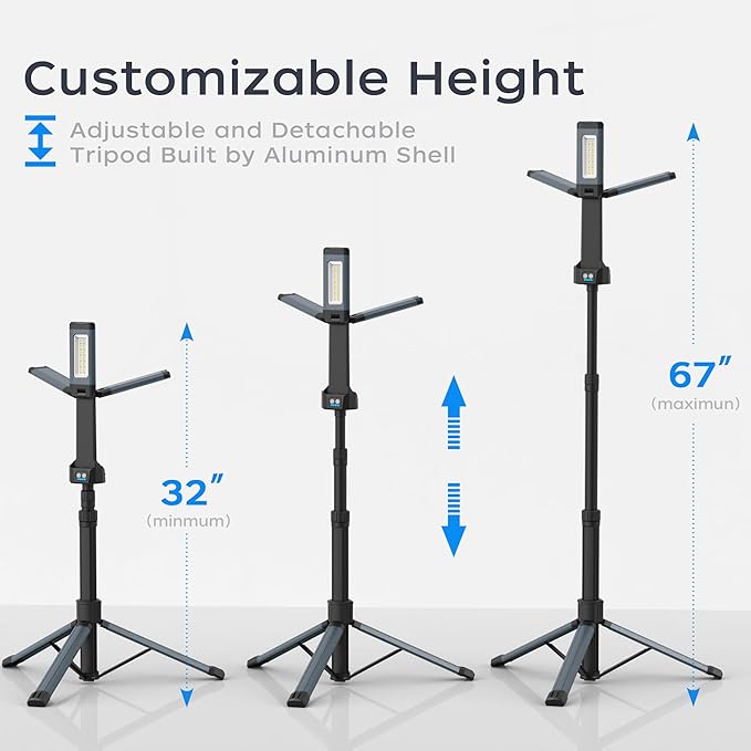 Rechargeable LED Work Light with Stand, 67" Tall Portable Cordless Work Light, 8AH Battery, 500/1500/2500 Lumen, 4000/6500K Dimmable Camping Light with Detachable Tripod Grey (Carrying Bag Included)
