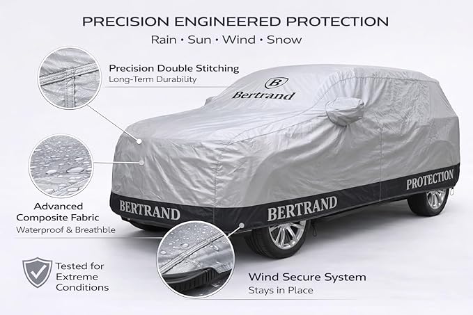 BERTRAND Premium SUV Car Cover (187x75 - Size S2) - Waterproof All Weather | Mirror Pockets + Door Zipper | Cotton-Lined | UV Protection + Reduces Hail Impact | Mid-Large SUVs