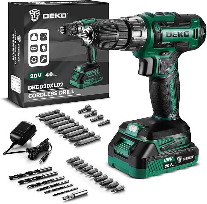 Power Drill Cordless: DEKO PRO Cordless Drill 20V Electric Power Drills Set Tool for Women with Battery and Charger 20 Volt Drills Driver Kit Green