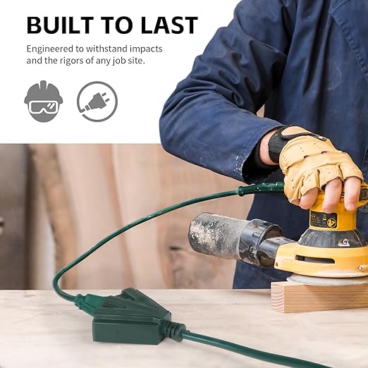 MaxWorks 80697 Heavy Duty 3-Ft Extension Cord, 16/3 SJTW, 3-Outlet, 125V/13A/1625W, ETL Approved, Indoor/Outdoor Use, Green – Converts 1 Outlet to 3