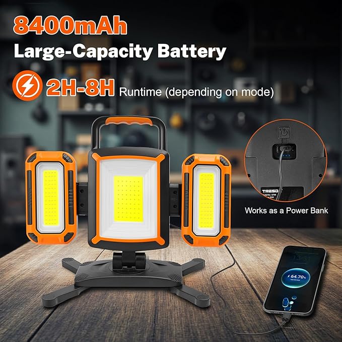 Tresda 3-in-1 Modular Rechargeable Work Light, 50W 5000LM Portable LED Work Lights with Detachable Dual Side Lights, 9 Modes, 360° Rotation, Magnetic Base & Hooks for Workshop Jobsite Repair Camping