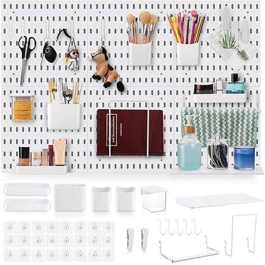 Unittype 17 Pcs Peg Board Combination Kit, 6 Plastic Wall Pegboard with 11 Accessories, 33" x 22" Desk Pegboard Organizer with Shelf Hook for Office, Kitchen, Gaming, Garage, Craft Room(White)