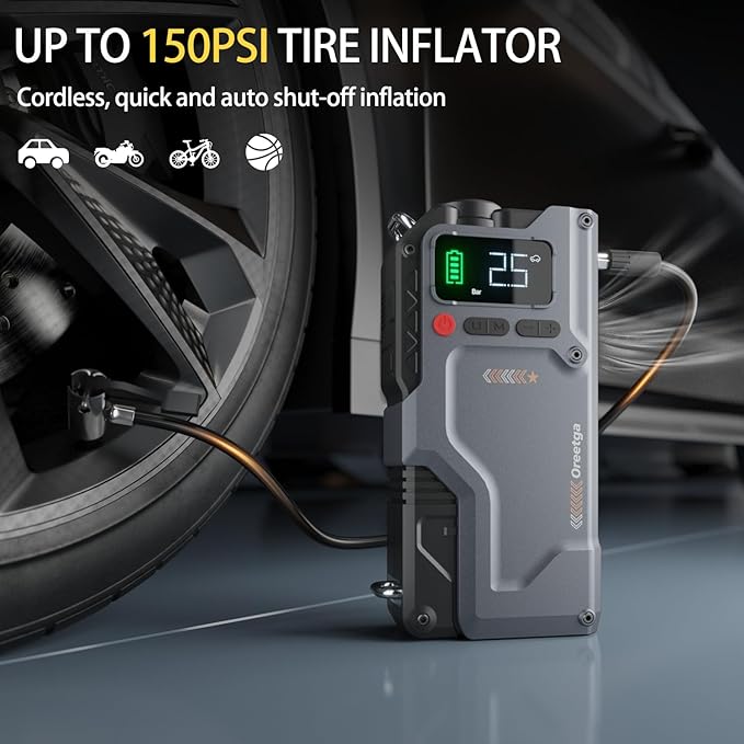 9000A Car Battery Charger Jump Starter with Air Compressor, 150PSI Tire Inflator Air Pump(All Gas/16L Diesel),12V Jump Box Car Battery with Smart Jumper Cables, LCD Display, Portable Power Pack