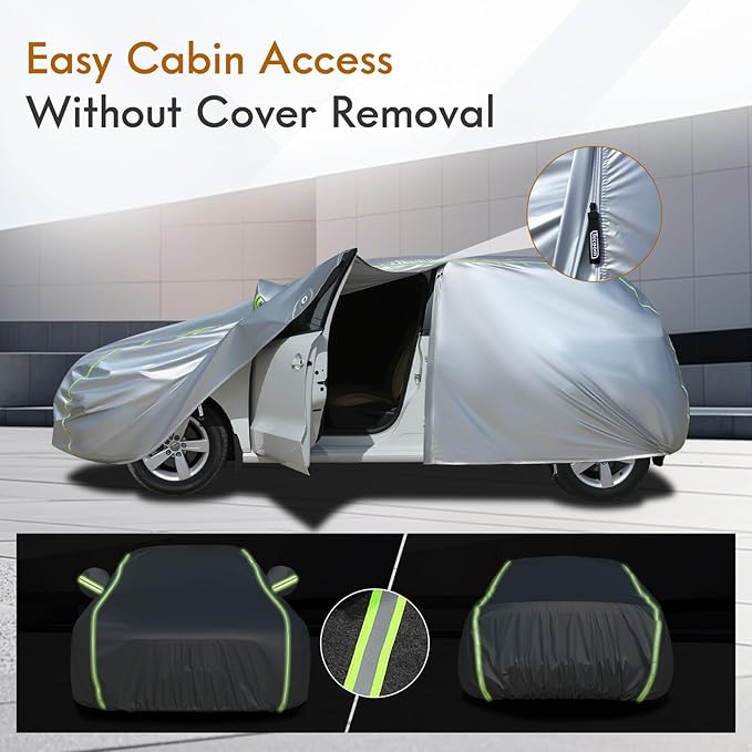 Tecoom Light Shell Car Cover Waterproof All Weather, Breathable Material with Door Zipper & Mirror Pockets, Rain Snow Sun Wind Protection Outdoor & Indoor Full Covers Fit for Hatchback (160-172")
