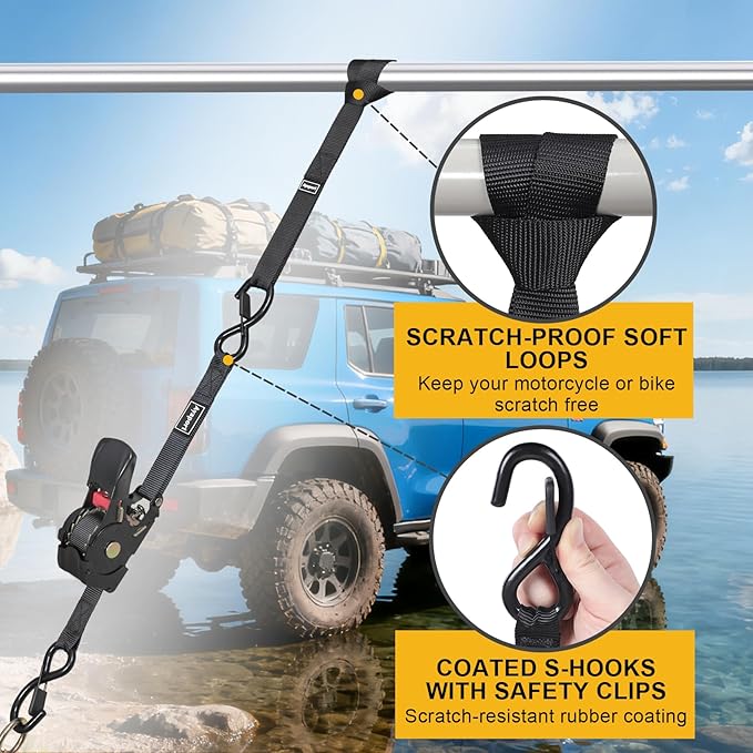Ayaport Retractable Ratchet Straps 1in x 12.5ft – Heavy Duty 1200lbs Break Strength Ratchet Straps Self Retractable Tie Down with S Hooks for Motorcycles, Dirt Bikes, Atvs, Trucks, Cargo, Trailers