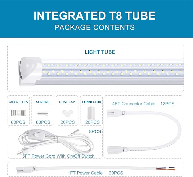 8FT LED Shop Light (20-Pack) - 120W, 14400LM, 6000K Cold White, T8 Linkable Tube Lights - V Shape Clear Lens, 96'' Integrated LED for Garage, Warehouse, Workshop - Plug & Play, High Output
