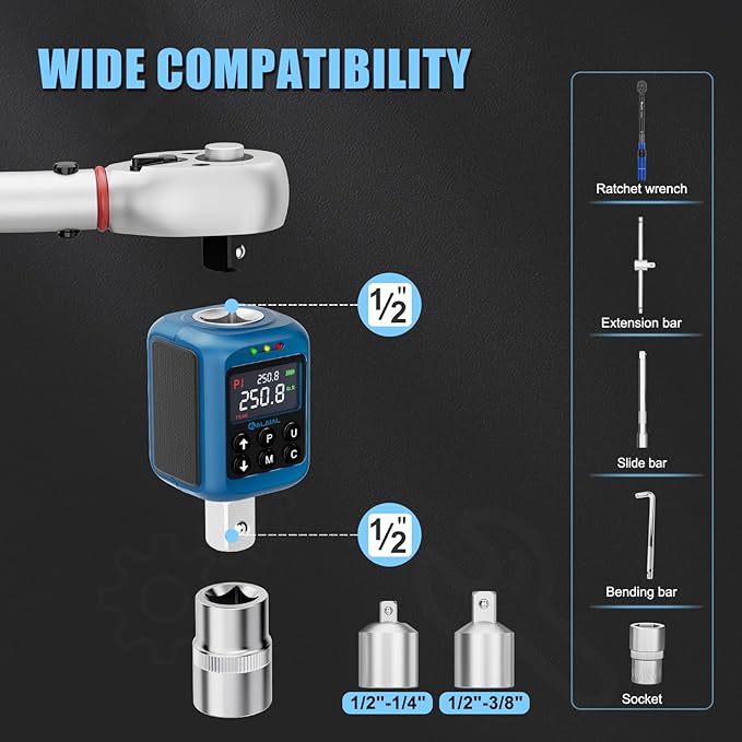 Digital Torque Adapter 1/2", 3.7-250.8 Ft-lb/5-340 Nm, Digital Torque Wrench Converter with ±2% Accuracy, Buzzer and LED Indicator, 2 Modes, 4 Units, 3/8'' & 1/4'' Adapters for Car, Moto