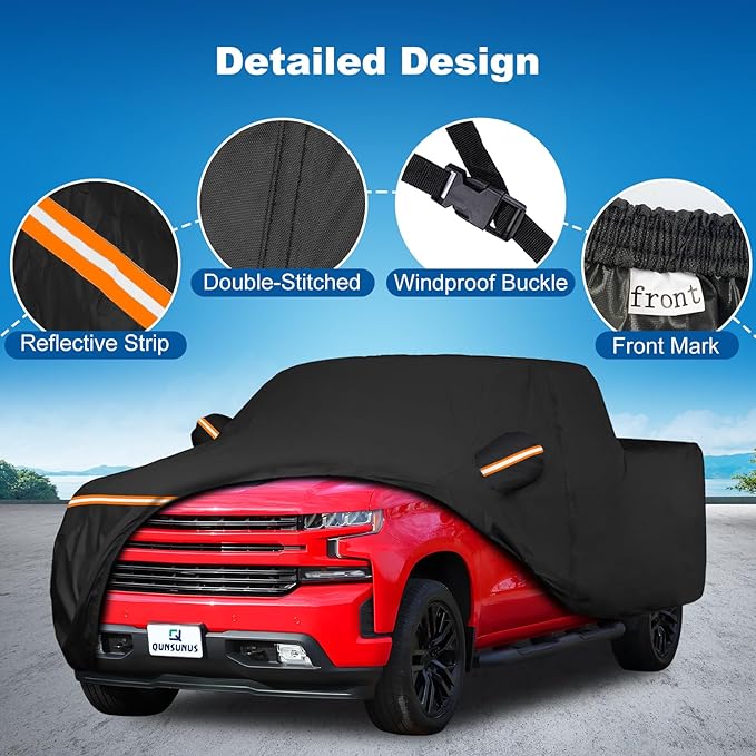 QUNSUNUS Car Cover for Chevy Silverado 1500 Crew Cab 6.5/6.6ft Bed 2000-2025, Waterproof Silverado 1500 Covers with Zipper, All Weather Truck Cover with Straps and Elastic Edges