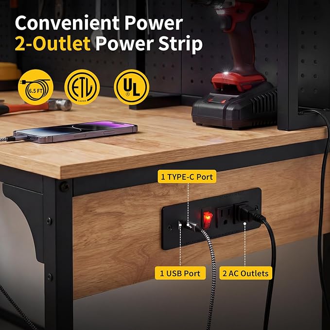 48" Heavy-Duty Garage Workbench with LED Light & Power Outlet, 1200LB Capacity Tool Table with Pegboard, Storage Shelves, USB & Type-C Ports for Woodworking Shop, Garage, Home