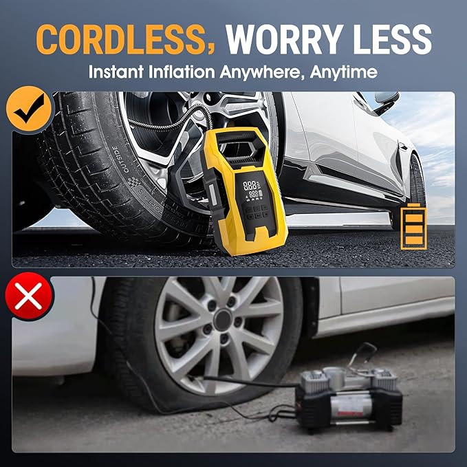 CARSUN Cordless Tire Inflator Portable Air Compressor, 150 PSI Portable Air Pump for Car Tires with Digital Dual Values Display, Tire Pump for Car, Bike, Motorcycle, Ball (with 7800mAh Battery)