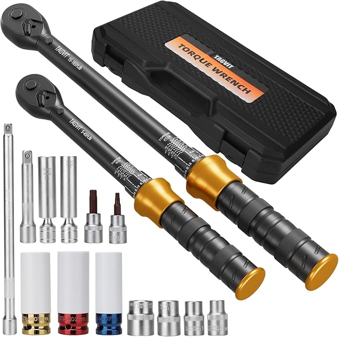 1/2 3/8 -inch Drive Click Torque Wrench, 5-45Ft.lb, 15-165Ft.lb 15Pcs Torque Wrench Set with 10"/5" Extension Bar, 8/10/14/17/17/19/21mm Sockets, 14/16mm Swivel Spark Plug Socket, T25/T40 Torx