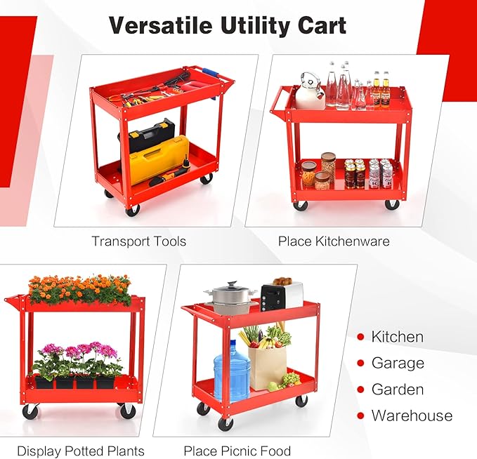 Goplus 2-Tier Utility Cart, Heavy Duty Commercial Service Tool Cart w/Handle, 220 lbs Max Support, Rolling Mechanic Metal Tool Cart Storage Organizer for Home, Garage, Warehouse