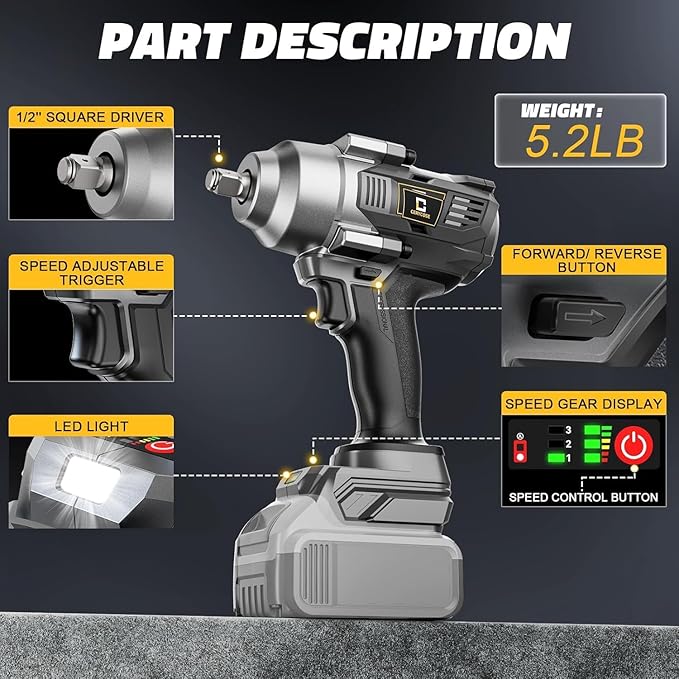 Cordless impact Wrench 1/2 inch Compatible with Dewalt Battery, 750FT-LBS (1000N.m) Brushless Electric Impact Gun Includes LED Work Light with 6 Sockets, High Torque Impact Driver, Bare Tool Only