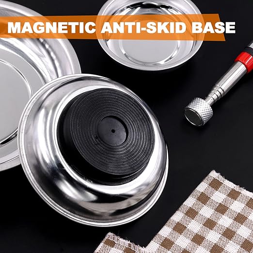Tanstic 4Pcs Round Magnetic Trays Set with Magnetic Pick Up Tool, 3" 4" 6" Stainless Steel Magnet Trays Tools Parts Tray Holder, Telescoping Pick Up Tool Telescopic Magnet Stick for Metal Parts