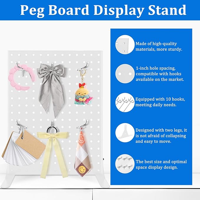 Pegboard Display Stand with 10 Hooks for Craft Shows, Metal Jewelry and Key Ring Retail Display Racks for Selling Accessories, Retail Stores, Vendors & Events, 17 X 13 Inch (1 PCS, White)