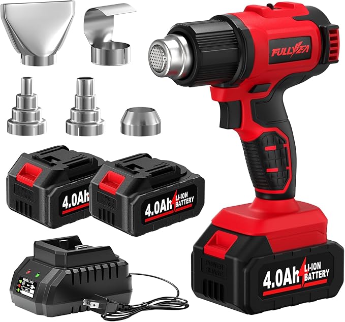 FULLYEA Cordless Heat Gun, Max 550°C (1022°F), Hot Air Gun Kit with 5 Nozzles & 2x4.0Ah Batteries, Fast Heating, 2-Temperature Setting, Portable Heat Gun for Shrink Tubing, PVC Wrap, Crafts (Red)