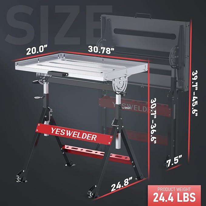YESWELDER Foldable Welding Table with Wheels 20"x30", Adjustable Height Workbench 400lbs Load Capacity Steel Portable Table for MIG/TIG Welding