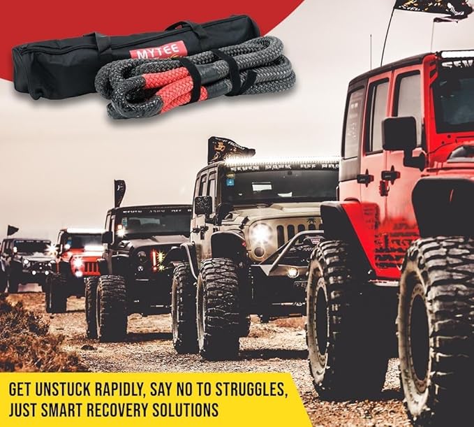 Mytee Products 7/8" x30' Kinetic Recovery Rope w/Velcro Strap & Tote Bag - 28,600 LBS Red & Black - Heavy Duty Kinetic Energy Tow Rope - Offroad Snatch Strap for Truck, SUV, UTV, ATV, Car, Tractor