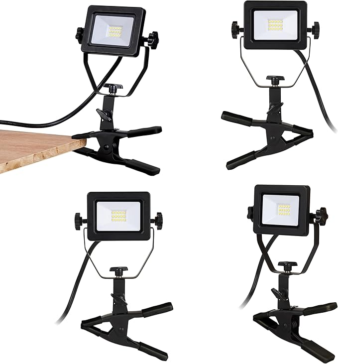 1200 Lumens Portable LED Clamp Work Light with 5ft 120V AC/60Hz Power Plug, Lightweight Design, Suitable for Wet Location, 10 Watts, 5000K Daylight, ETL Certified, 4pack