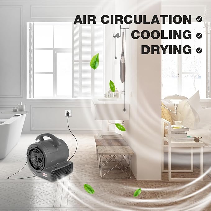 MOUNTO 1/5hp Air Mover 800cfm Blower Fan Carpet Floor Drying Fan - 3-Speed Compact Air Mover w/Dual Outlet, 10ft Power Cord for Drying, Cooling, Air Circulation (Grey), Small