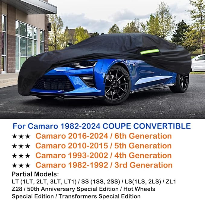 Car Cover Compatible with Chevrolet Camaro 1982-2026 2 Door Coupe Convertible, Waterproof All Weather Cover for Camaro 1LT 2LT 3LT LT1 1SS 2SS 1LS 2LS ZL1 Z28, Outdoor Rain Sun Snow UV Covers