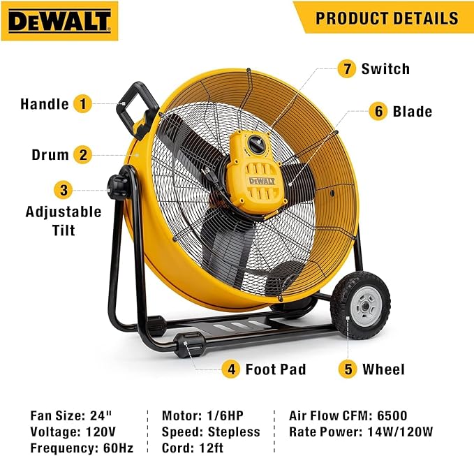 DEWALT Drum Fan High-Velocity Industrial, Drum, Floor, Barn, Warehouse Fan, Heavy Duty Air Mover with Adjustable Tilt & Large Wheel, 24", Yellow DXF2490