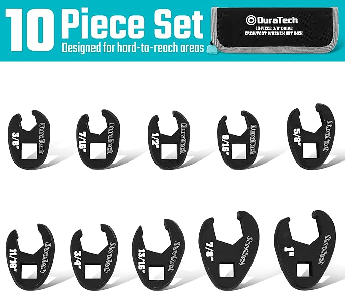 DURATECH 10-Piece 3/8 Inch Drive Crowfoot Wrench Set, SAE, CR-V Steel, with Zipper Bag