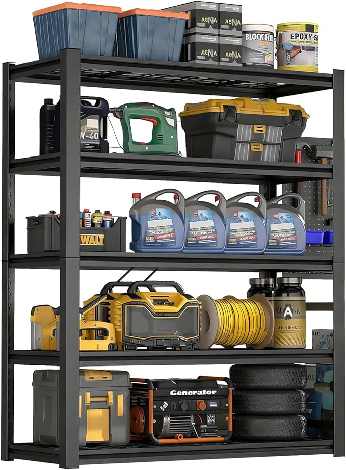 5-Tire Garage Shelving Units Storage Shelves Rack, 72 Inches Height Heavy Duty Adjustable Steel 5000 lbs Metal Shelf for Basement, Garage Organization (Iron Grid Layer, 72" H x 59" W x 24" D)