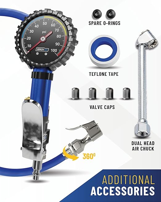 GERCHWAY Tire Inflator with Pressure Gauge and Longer Hose - Most Accurate, Heavy Duty Air Chuck with Gauge for Air Compressor Tire Inflator Attachment - 100PSI