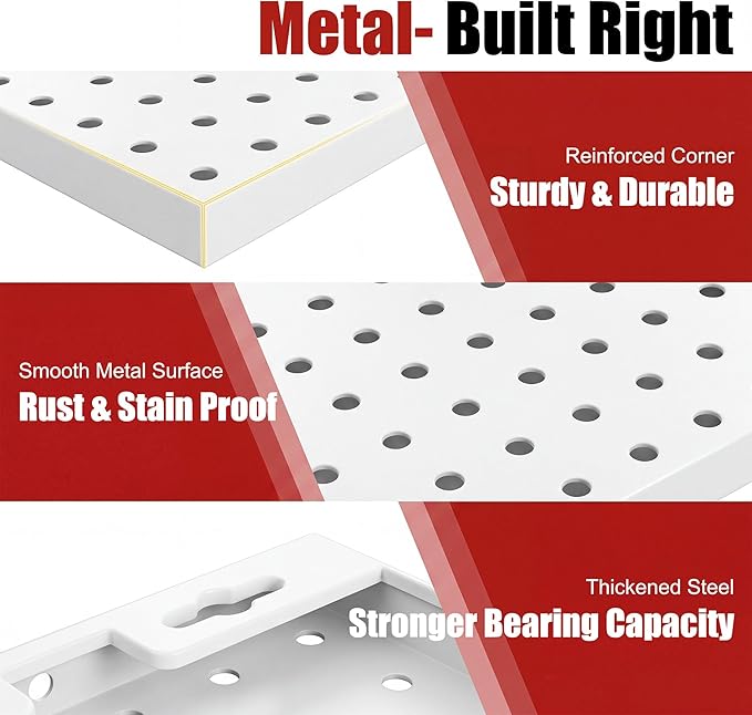 4 Pack Metal Pegboard Panels with 50 Hooks, White Pegboard Wall Organizer, Pegboard Accessories, Heavy Duty Garage Tool Storage System for Workbench, Workshop, Office, Craft Room