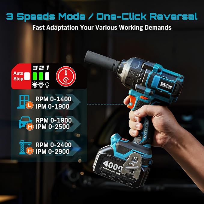 Seesii Impact Wrench 886 Ft-lbs(1200N.m), 1/2 High Torque Impact Gun with 21V 2x4.0Ah Battery, Electric Impact Driver, 2900IPM, 5 Socket, Cordless Impact Wrench for Home Car/Mower/Pickup/Truck RV