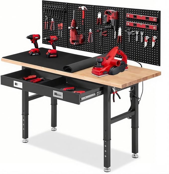 ENJOYWOOD 60" x 22" Garage Workbench Adjustable Height Work Table with Drawers, Pegboard & Power Outlets Heavy Duty Rubberwood Top Work Bench for Workshop & Home