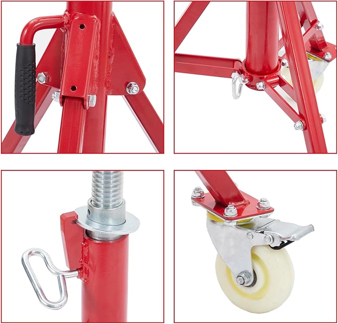 Towallmark V-Head Pipe Jack Stand with Casters, 28-52 Inch Adjustable Height,1/8"-12" Capacity, 2500 lb Load Capacity,Heavy Duty Carbon Steel Body, Steel Jack Stands with Portable Folding Legs