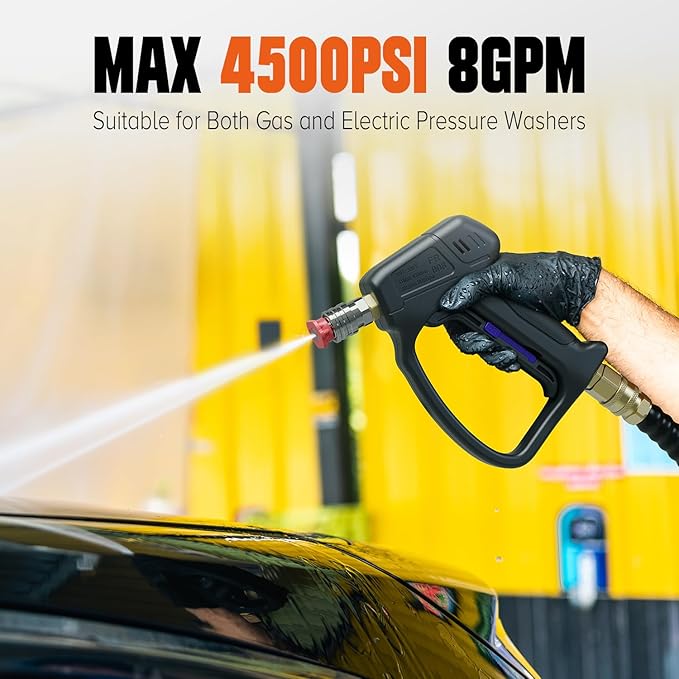 Short Pressure Washer Gun, High Pressure Washer Gun 4500 PSI M22-14mm & 3/8" Connect Car Accessories Car Washing Gun Car Detailing Kit with 5 Spray Nozzle, 1/4" Quick Connector Coupler for Foam Cannon