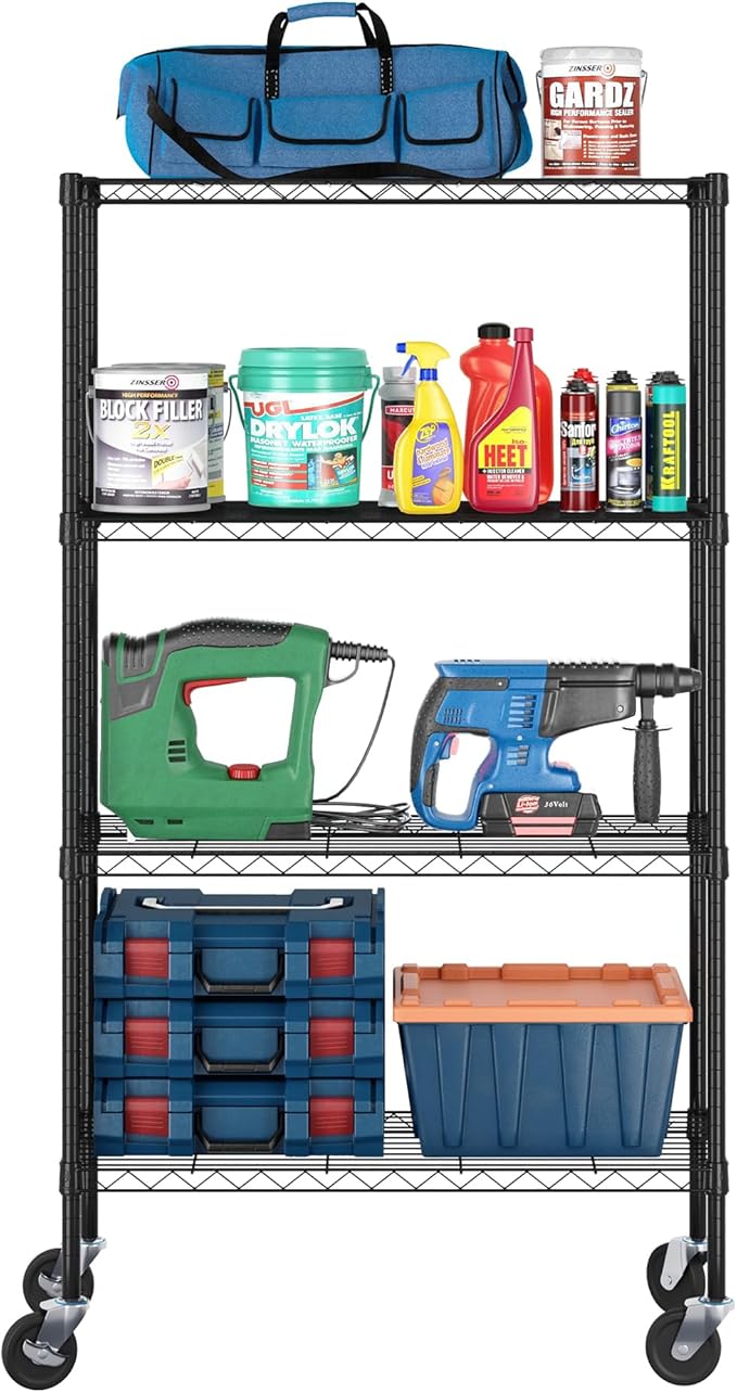 Furinno Wayar 4-Tier Metal Storage Shelf Rack Cart with Casters, 36 x 14 x 58, Black