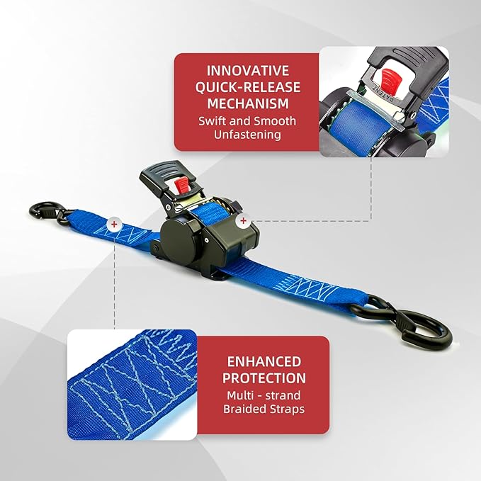 Auto Retractable Ratchet Tie-Down Straps 4500 lbs, 2in × 10ft Self-Retracting Ratchet Straps with Dampers, Heavy Duty S-Hooks, Auto Retract Strap System for Cargo, Trucks, Trailers, Blue, 2 Pack