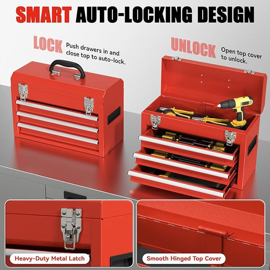 3-Drawer Tool Box, Tool Storage Cabinet, Tool Chest and Locking Mechanism, Metal Tool Cart for Garage Workshop and Room Use (Red)