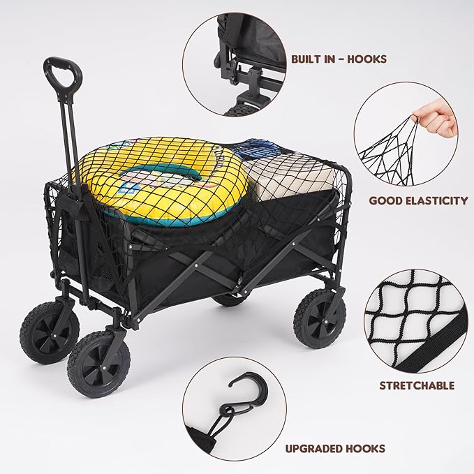 Kaskawise Elastic Mesh Cargo Net for Folding Wagon, Heavy Duty Stretch Storage Cover with 6 Hooks for Beach Cart, Garden Utility Trolley Accessories, 35.5 x 23.6 Inch Black