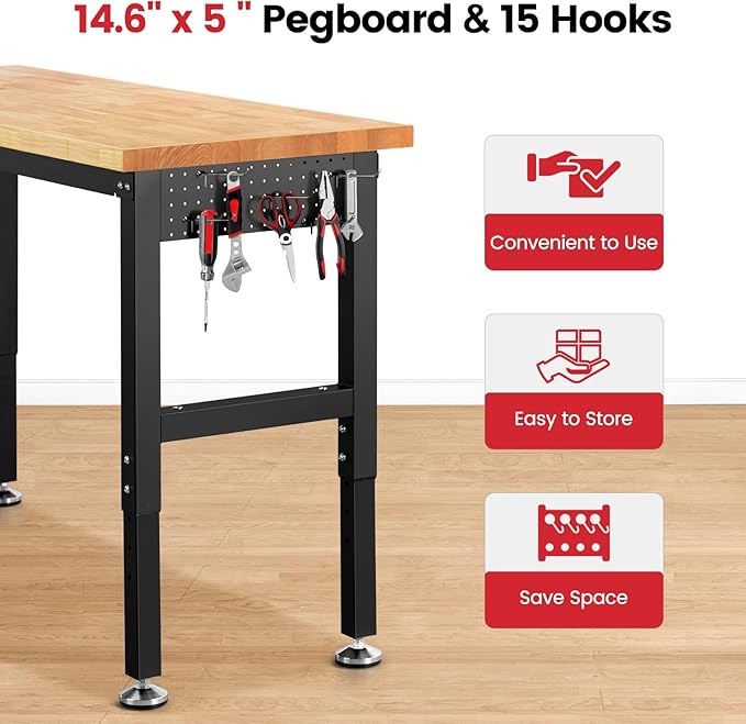 ENJOYWOOD 48" x 20" Garage Workbench Adjustable Height Work Table with Pegboard Heavy Duty Rubberwood Top Work Bench for Workshop, Office & Home