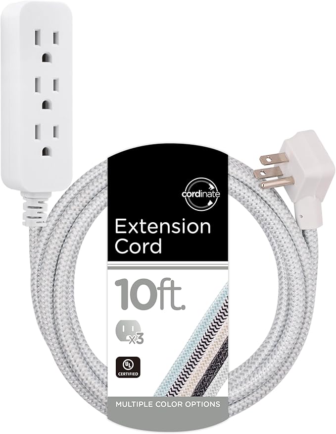 Cordinate 3 Outlet Power Strip Surge Protector Indoor Extension Cord 16 Gauge 10 Ft 3 Prong Braided Extension Cords Flat Extension Cord ETL Listed White 37914