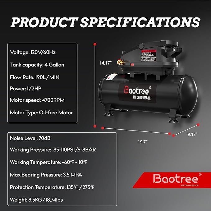 Baotree Portable Air Compressor, 4 Gallon Max 110PSI Oil Free Air Compressor Tank, 0.5HP Motor 0.6SCFM@90 PSI,1.0SCFM@40PSl Garage Air Compressors for Car Repair, Spray Painting, Woodwork Nailing