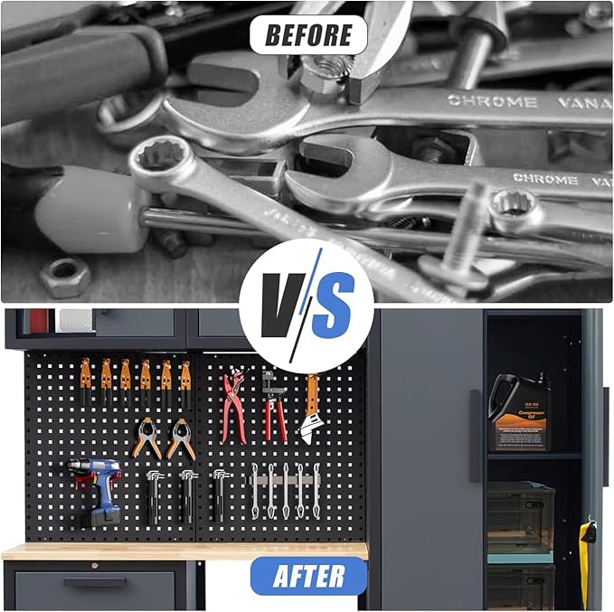 Garage Storage Cabinet System, 7PCK Workshop Set Garage Cabinets and Storage System with Steel Cabinet Drawers, Workbench, Pegboard for Tool Organization
