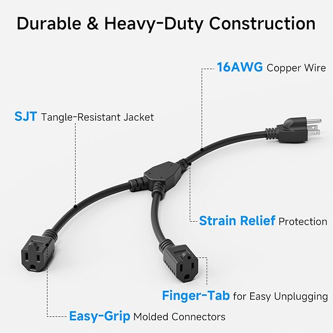 Cable Matters 2-Pack 2 Outlet Power Splitter Cord - 1.2ft, NEMA 5-15P to NEMA 5-15R Y Power Cord Splitter, 16 AWG Outlet Saver, 1.2 Feet