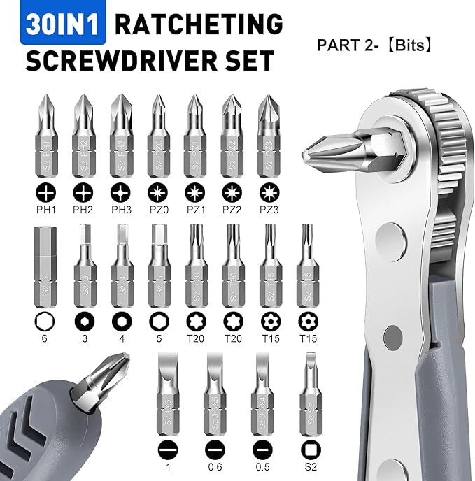 30in1 Right Angle Screwdriver, 36-Tooth Mini Ratchet Wrench, Angle Screwdriver for Tight Spaces, Low Profile Offset screwdrivers, Magnetic Ratchet Screwdrivers Repair Tool