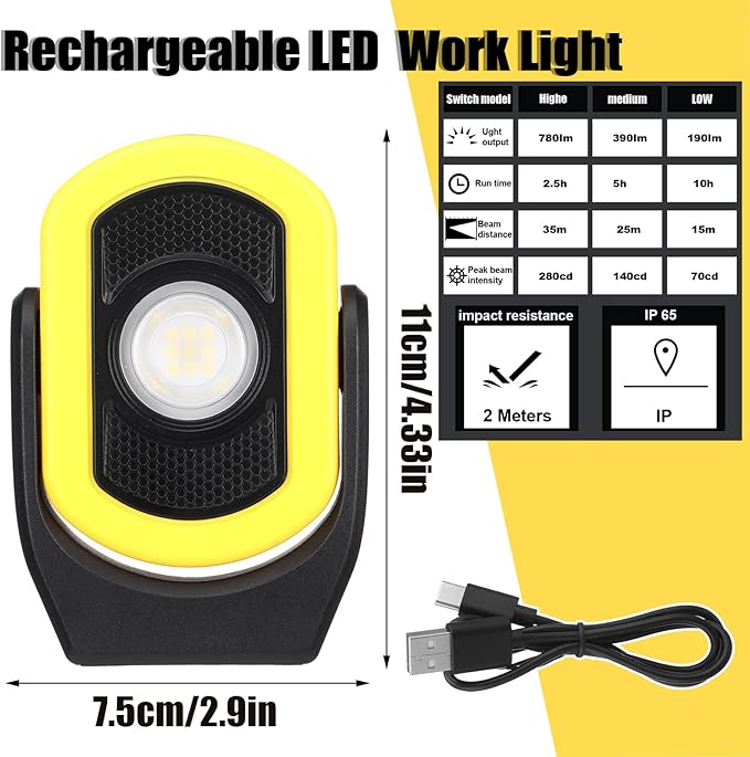 Retisee 2 Pack 780 Lumens Magnetic Work Light USB Rechargeable LED Flashlight Portable Inspection Light for Car Repair Emergency Lighting Mechanics Workshop (Yellow-2PK)