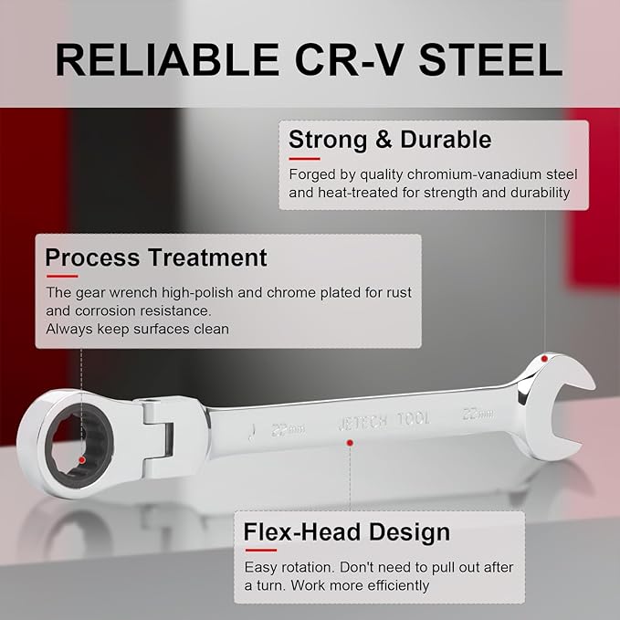 Jetech 22mm Flex-Head Ratcheting Combination Wrench, Premium Industrial Grade Spanner 72-Tooth Cr-V Steel - 180 Degree Flexible Box End Perfect for Tight Spaces, Auto & DIY Repair